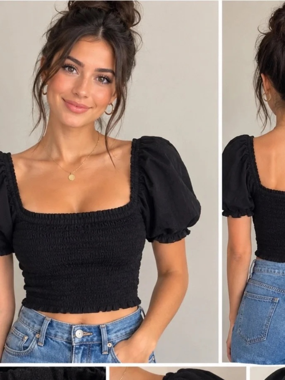 Abercrombie & Fitch Black Smocked Puff-Sleeve Crop Top Large